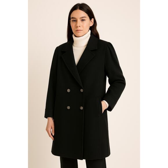 VTG Womens Black Wool Coat Pea Style Double Breasted Silver Buttons Overcoat - Picture 1 of 13